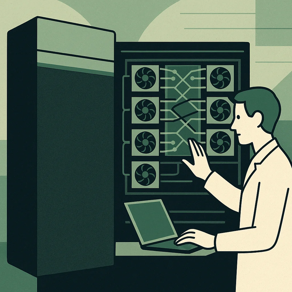 Editorial illustration: A flat-style illustration of a person holding a laptop and gesturing toward an open server rack filled with eight cooling-fan GPU modules connected by crossing data lines, rendered in muted greens and cream.
