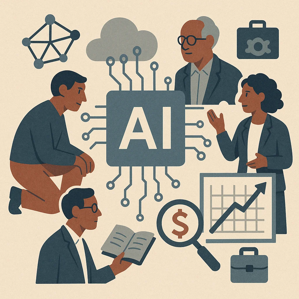 Editorial illustration: A flat editorial illustration showing four stylized diverse professionals gathered around a central AI processor chip connected by circuit lines, surrounded by icons representing finance, data networks, cloud computing, economic growth charts, and business briefcases.