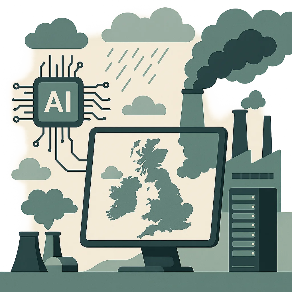 Editorial illustration: A flat editorial illustration showing an AI circuit chip in the upper left, a desktop monitor displaying a silhouette map of the British Isles, industrial smokestacks emitting dark clouds, rain falling from storm clouds, and a server rack on the right, all in muted sage greens and cream tones.