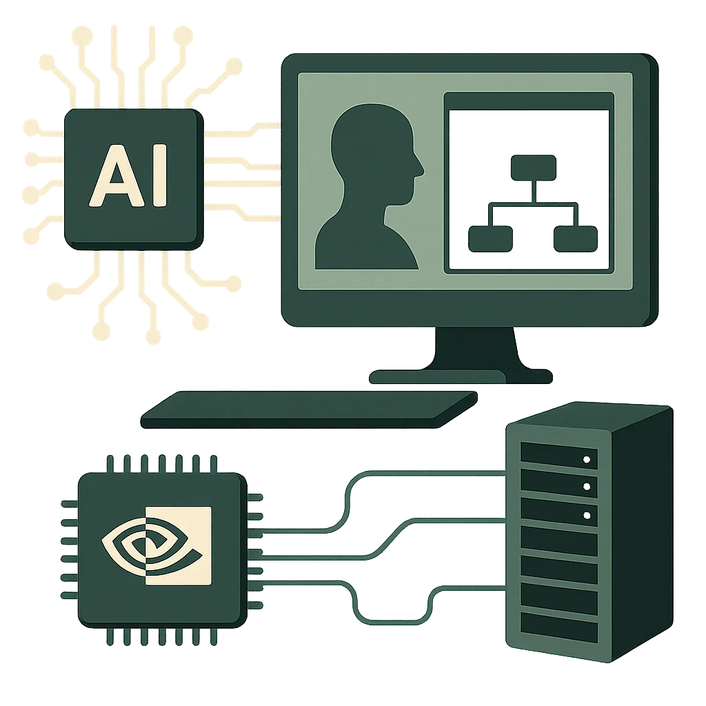 Editorial illustration: A flat editorial illustration showing an AI processor chip with circuit traces in the upper left, a desktop monitor displaying a human silhouette alongside an organizational hierarchy diagram, an NVIDIA GPU chip in the lower left connected by data cables to a server rack on the right, all rendered in deep teal-green and cream tones.