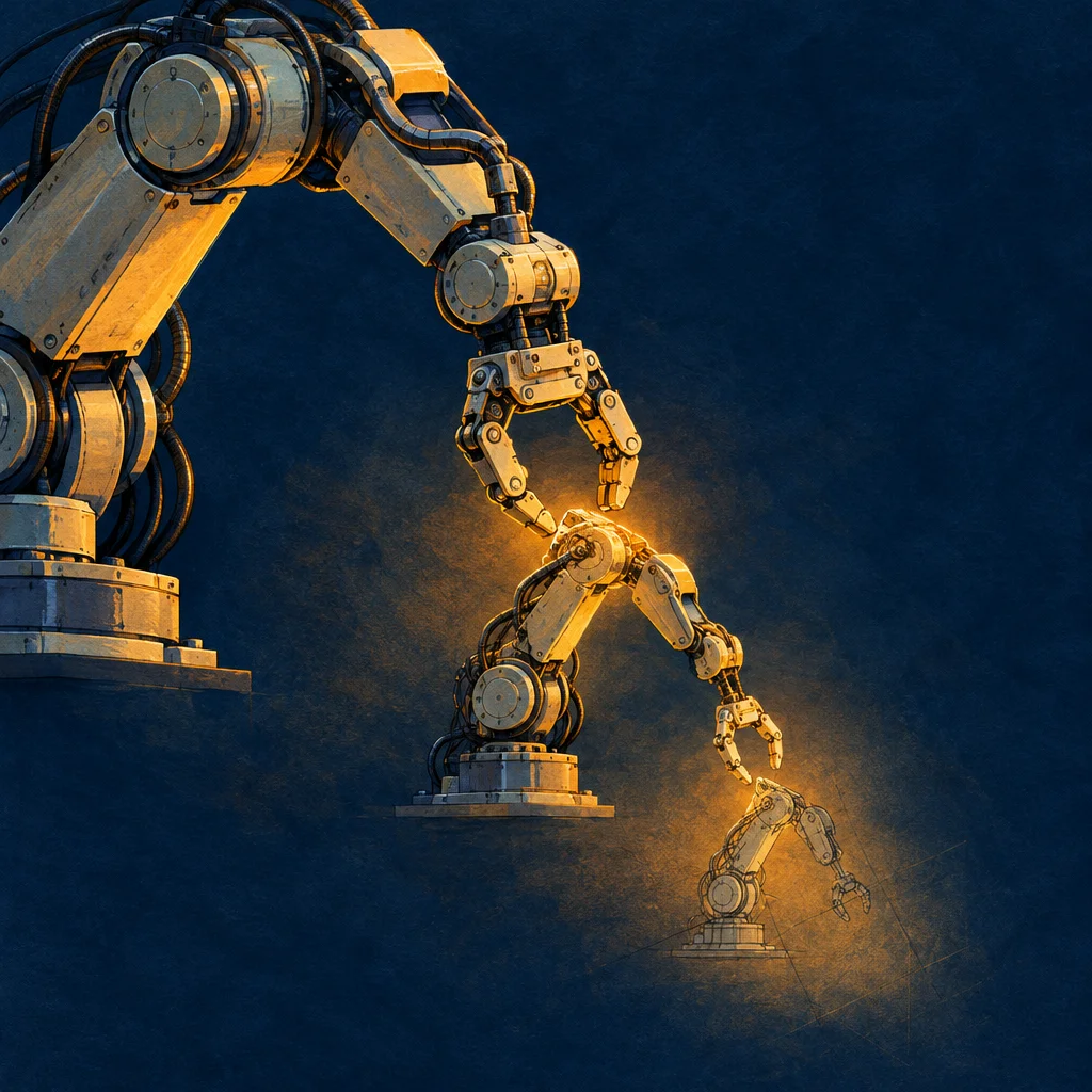 Editorial illustration: A large industrial robotic arm mounted on a platform reaches down to assemble a medium-sized robotic figure, which itself extends toward a smaller robotic arm on a base, all rendered in warm amber tones against a dark blue background in a stylized illustrative manner.