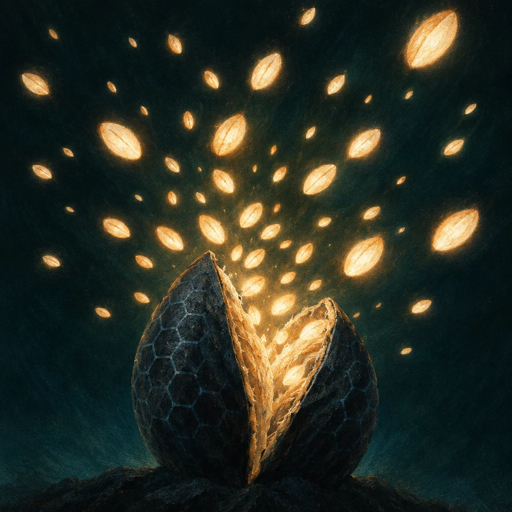 Editorial illustration: A dark textured pod with hexagonal surface patterning splits open at center, releasing dozens of glowing amber oval seed shapes that scatter and rise upward against a deep teal-black background.