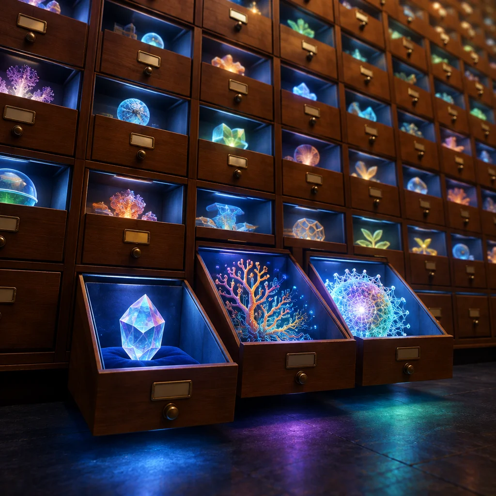 Editorial illustration: A vast wall of dark wood catalog drawers with brass label holders, each open compartment lit from within and displaying a different glowing specimen including a faceted crystal, branching coral-circuit forms, and a spherical lattice structure, rendered in jewel-toned blues, purples, and ambers against a dark floor.