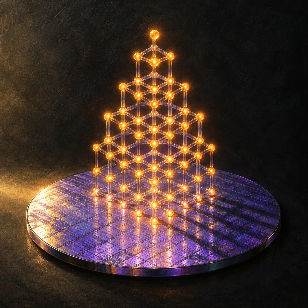 Editorial illustration: A stylized editorial illustration of a pyramid-shaped lattice of glowing amber spheres connected by transparent rods, rising from a circular iridescent purple silicon wafer disc against a dark background.