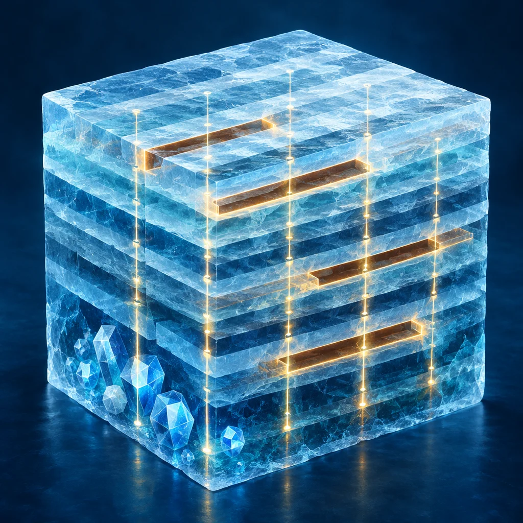 Editorial illustration: A large translucent blue crystalline cube rendered in a polished 3D style, composed of stacked horizontal ice-like slabs separated by glowing amber-lit slot voids, with vertical lines of small golden nodes running down its corners and loose faceted blue crystal gems scattered at its lower left base, set against a deep navy background.