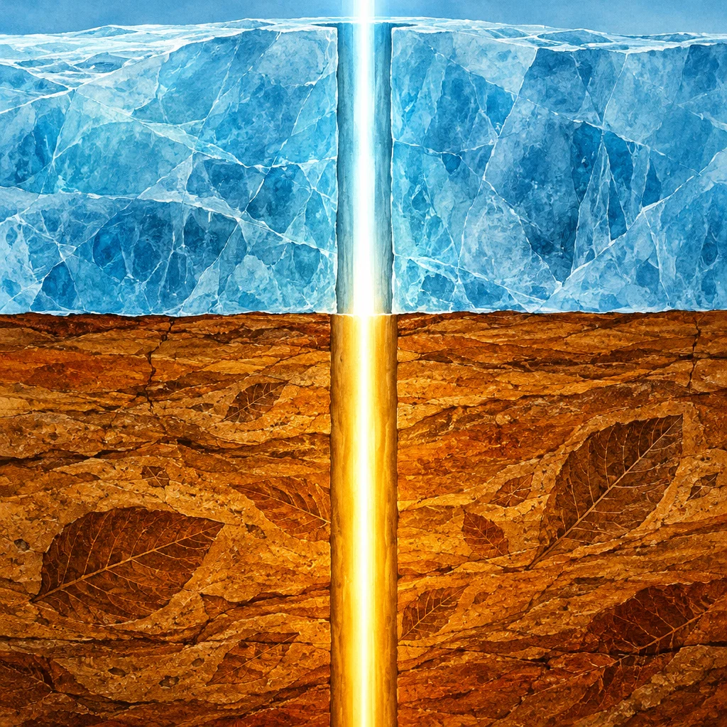 Editorial illustration: A vertical glowing pillar transitions from silver-white at top to warm gold at bottom, penetrating a cross-sectional view of a massive blue crystalline ice formation above and a layered amber-brown sedimentary earth stratum embedded with fossilized leaf impressions below, against a pale blue sky at the top edge.