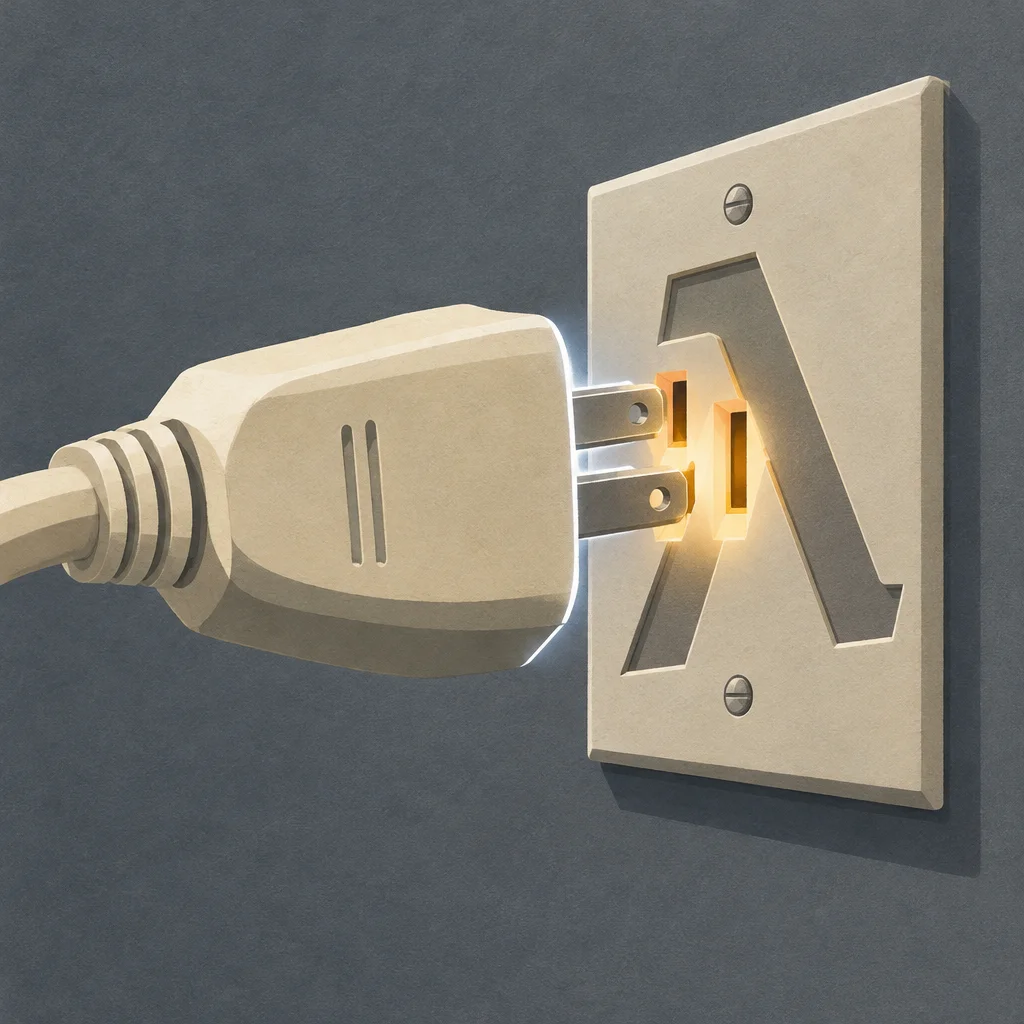 Editorial illustration: A stylized editorial illustration of a beige two-prong electrical plug inserting into a wall outlet whose socket opening is shaped like a Greek lambda symbol, with bright white and amber light glowing at the point of contact against a dark gray wall.
