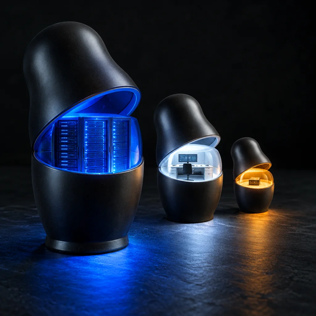 Editorial illustration: Three matte black egg-shaped nesting forms of decreasing size sit open on a dark surface, the largest revealing a blue-lit server rack interior, the middle a white-lit miniature workstation with monitors, and the smallest a warm amber-lit tiny chest, each glowing with its respective color onto the floor.