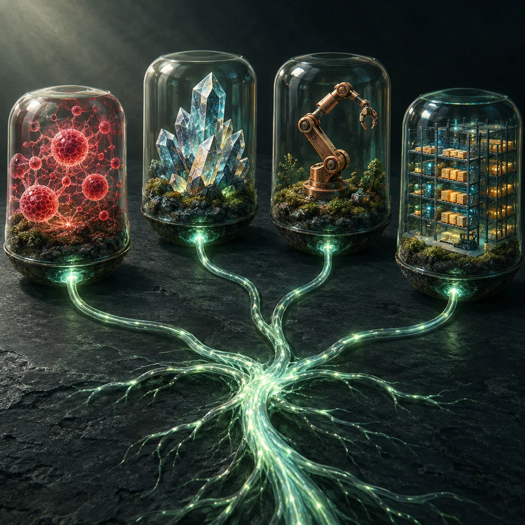 Editorial illustration: Four glass bell jars arranged in a row on dark stone each enclose a glowing miniature diorama of red molecular spheres, blue crystal formations, a copper robotic arm, and a lit warehouse rack respectively, with luminous green fiber-like cables running from each jar's base and merging into a single glowing root system on the surface below.