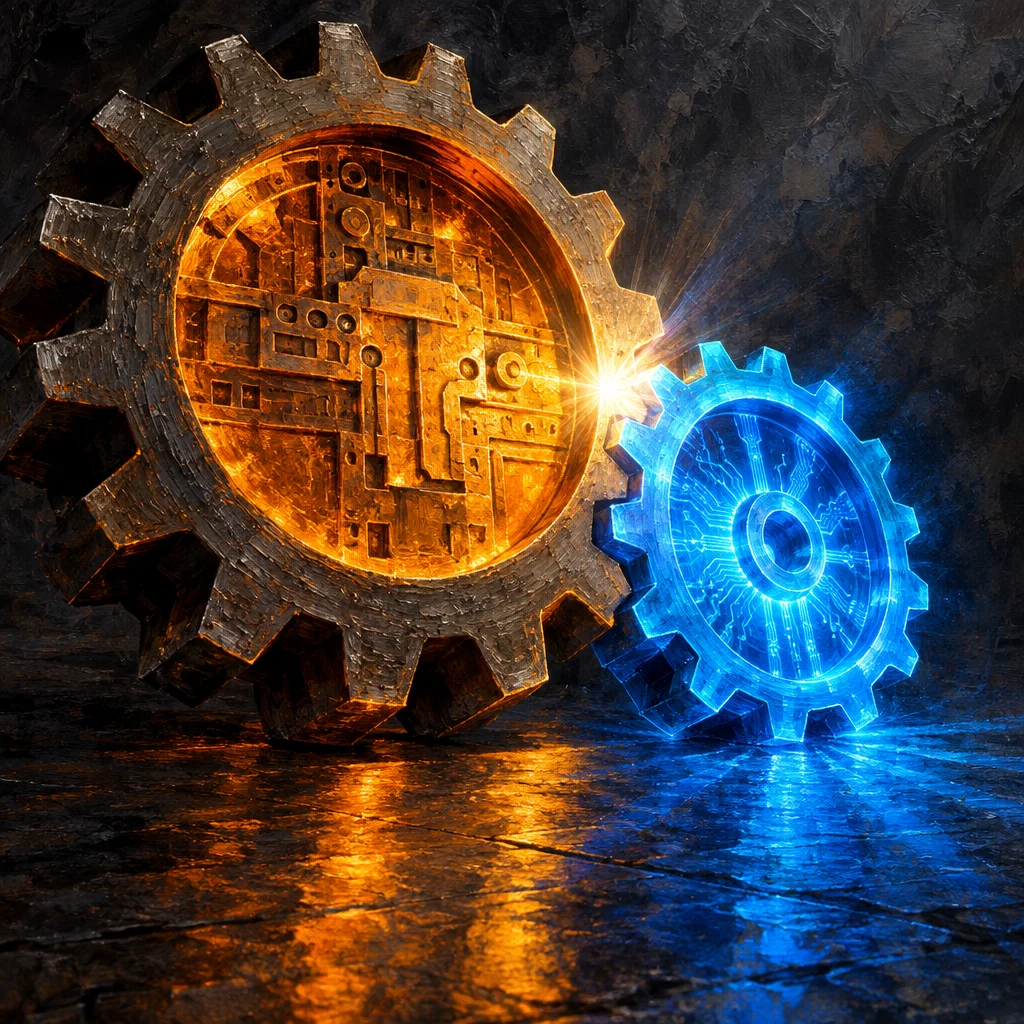 Editorial illustration: A large stone-textured gear glowing with warm amber circuit-board patterns interlocks with a smaller vivid blue neon gear bearing digital circuit lines, both reflected on a dark wet surface against a dark rocky background.