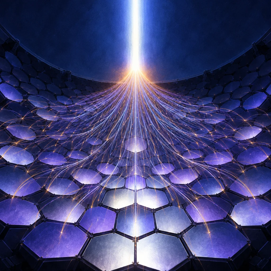Editorial illustration: A stylized editorial illustration of a vast curved array of blue-purple hexagonal panels viewed from a low central angle, with hundreds of luminous fiber-like beams converging upward from each panel junction to a single blazing amber-white focal point, above which a vertical beam of white light extends into a dark blue void.