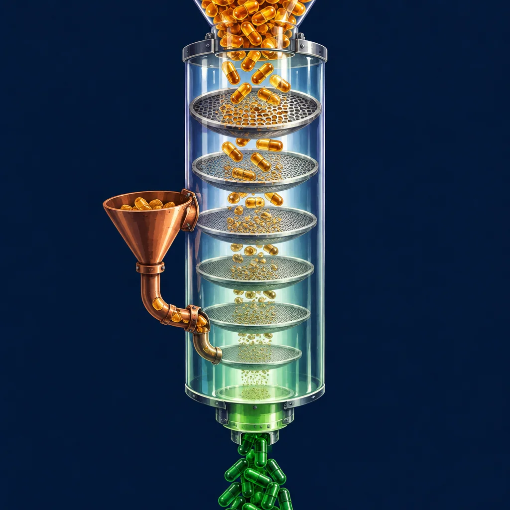 Editorial illustration: A tall transparent cylindrical column contains a vertical stack of metal mesh sieves through which amber pharmaceutical capsules fall and are progressively broken down into smaller granules and powder, while a copper funnel on the side diverts some capsules midway, and fully processed green capsules emerge from the bottom outlet.