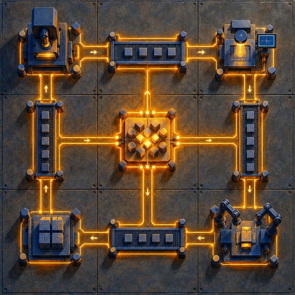 Editorial illustration: A stylized top-down editorial illustration of an industrial factory floor rendered in dark steel blue and warm amber neon lines, showing four corner machines connected by glowing orange conveyor belts with directional arrows routing cube-shaped units through belt segments toward a central glowing hub platform covered in stacked cubes arranged in a diamond pattern.