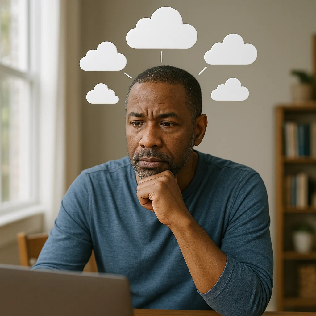A middle-aged man in a blue long-sleeve shirt sits at a desk with a laptop, resting his chin on his fist in a pensive expression, with five white cartoon cloud icons overlaid above his head connected by lines.
