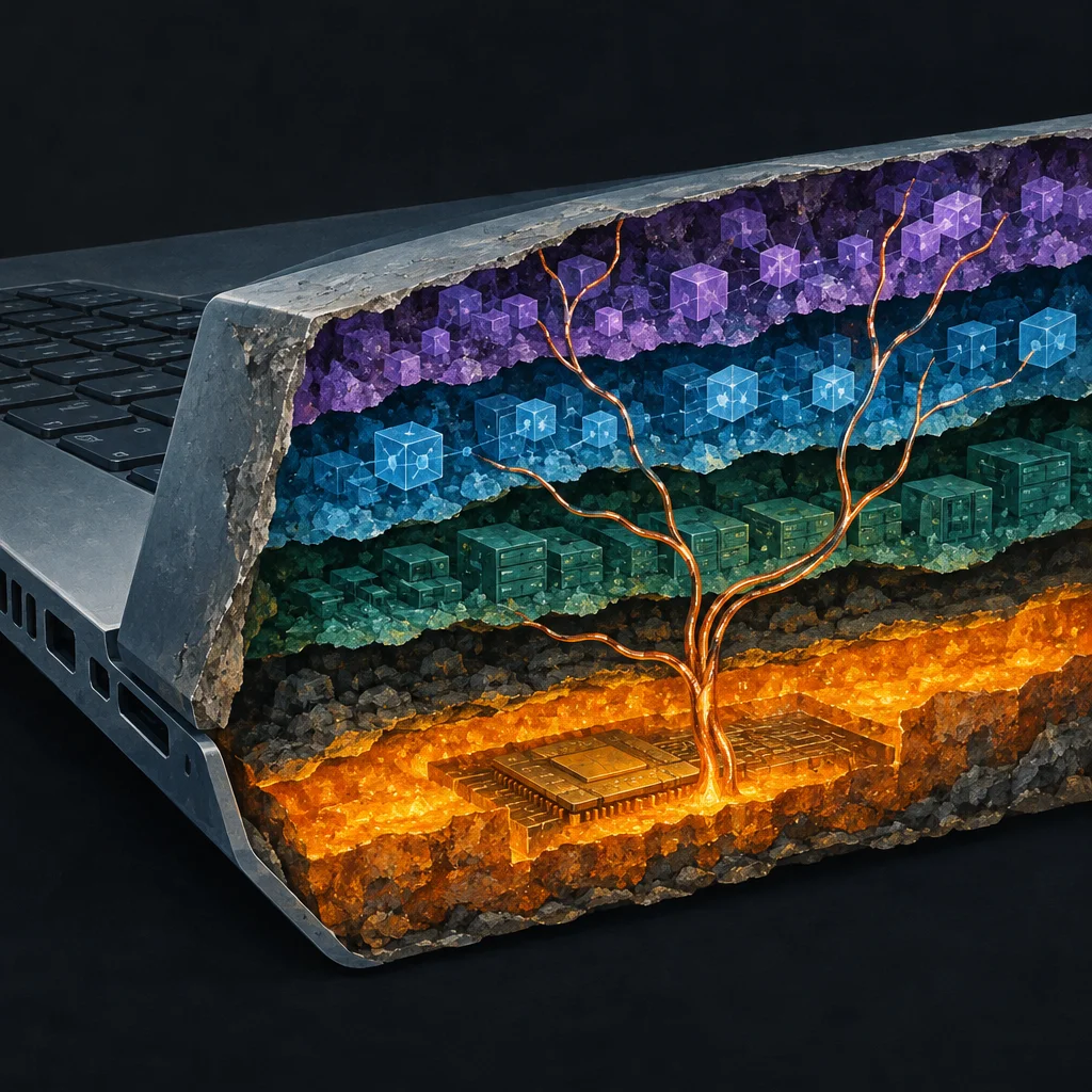 Editorial illustration: A stylized cross-section of a laptop base reveals geological strata transitioning from a glowing amber CPU core at the bottom through teal server block layers and blue floating data cubes to a purple crystal top layer, with a copper wire tree branching upward through all layers.