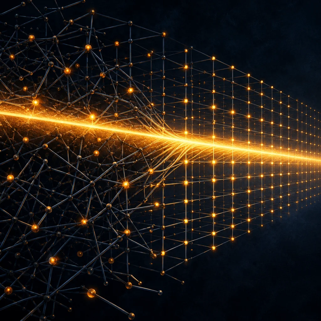 Editorial illustration: A stylized editorial illustration showing a dense irregular network of glowing amber nodes and random connector rods on the left transitioning through a blazing golden energy beam into a perfectly ordered three-dimensional rectangular grid of evenly spaced luminous amber nodes on the right, set against a dark blue background.