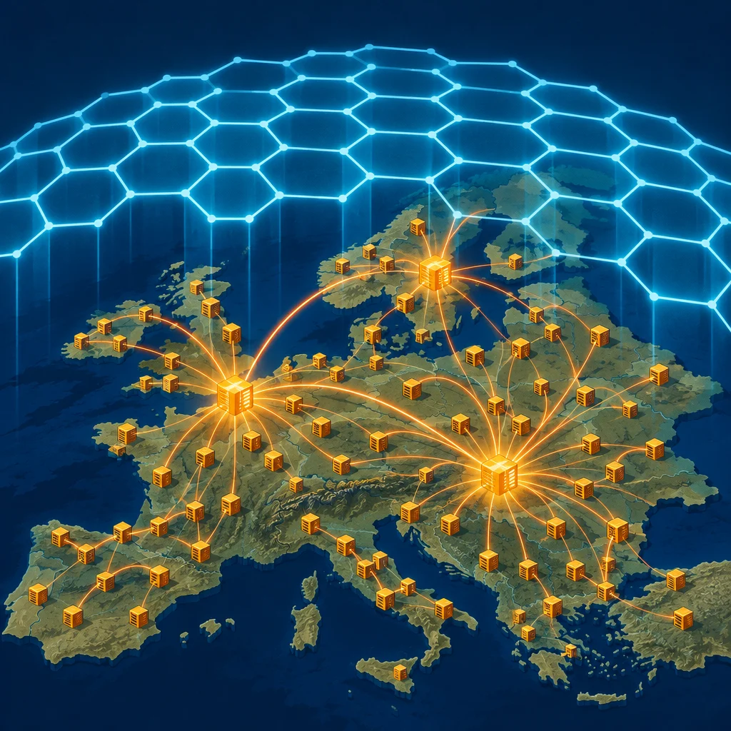 Editorial illustration: A 3D isometric map of Europe overlaid with golden server node icons connected by glowing orange lines radiating from central hub nodes, beneath a luminous blue hexagonal grid canopy representing a digital network.