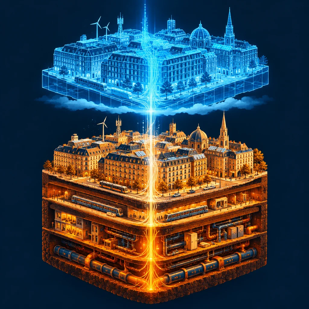 Editorial illustration: A stylized isometric cross-section of a Haussmann-style European city block reveals underground transit and pipe layers glowing amber, a surface cityscape with wind turbines and solar panels, and a luminous blue wireframe digital twin of the same city floating above connected by a blazing vertical energy beam.