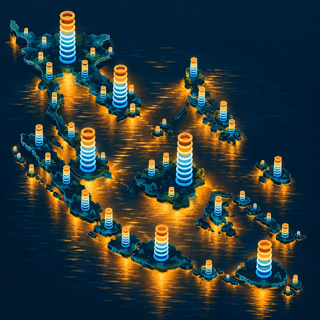 Editorial illustration: An isometric nighttime illustration of Southeast Asian landmasses surrounded by glowing golden water, with stacked luminous blue and orange ring columns of varying heights rising from each country or island.