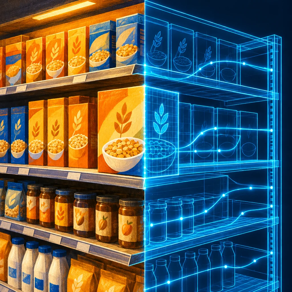 Editorial illustration: A split composition showing warm-toned grocery store shelves stocked with cereal boxes, jars, and bottles on the left, transitioning to a glowing blue wireframe digital twin rendering of the same shelves with luminous data curves on the right.
