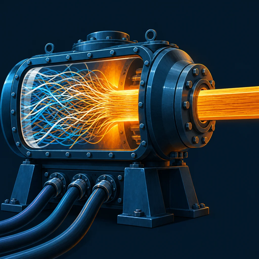 Editorial illustration: A dark blue industrial cylindrical machine with a porthole window revealing intertwining blue and orange glowing wave streams inside, emitting a bright orange beam from a flanged nozzle on the right, mounted on metal feet with thick cables below.