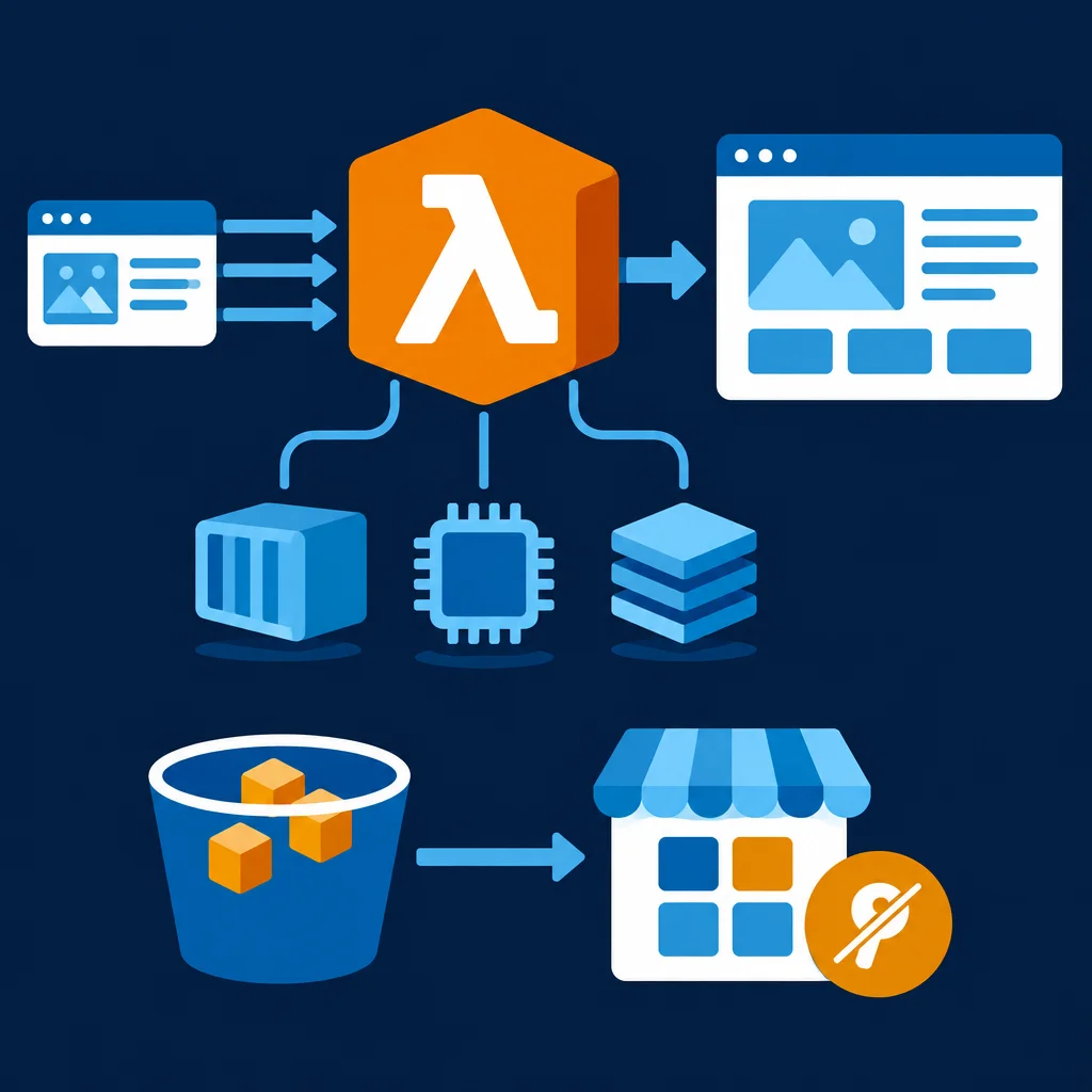 Editorial illustration: A dark blue diagram showing an orange AWS Lambda hexagon icon receiving arrows from a browser window on the left and outputting to a content-rich browser window on the right, with three blue icons below representing a server, a processor chip, and a database stack, and in the lower section an S3-style blue bucket with orange cubes pointing via arrow to a storefront icon overlaid with a crossed-out key badge.