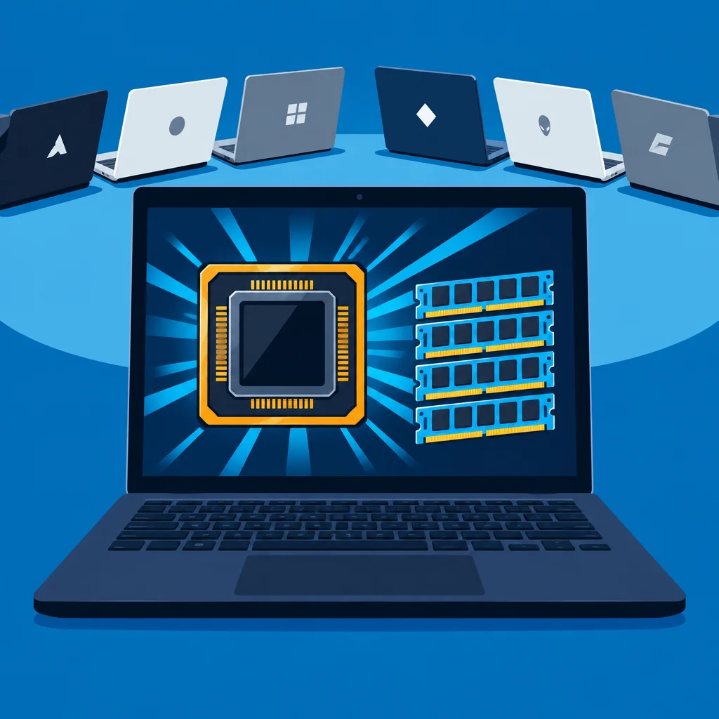 Editorial illustration: A dark blue laptop in the foreground displays a glowing yellow CPU chip and blue stacked RAM modules on its screen, with six additional laptops arranged in a semicircle behind it against a blue background.